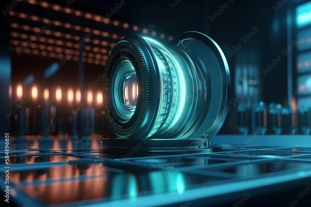Poster a camera lens sitting on top of a tiled floor in a dark room factory animation motion graphics gener