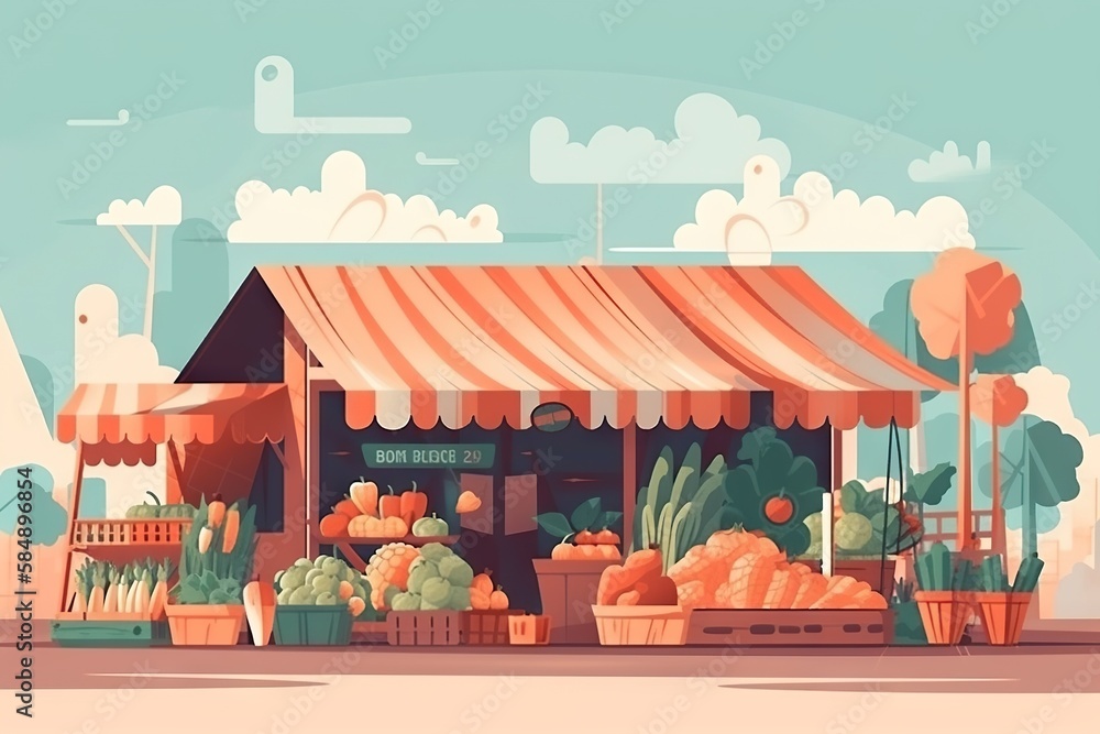 Poster a small store with a lot of vegetables on display in front of it farm stand animation motion graphic