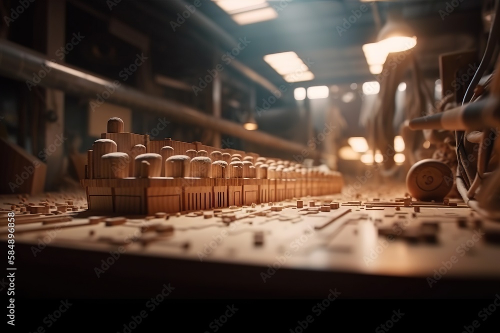 Poster a group of wooden blocks sitting on top of a table next to a machine factory animation woodworking g