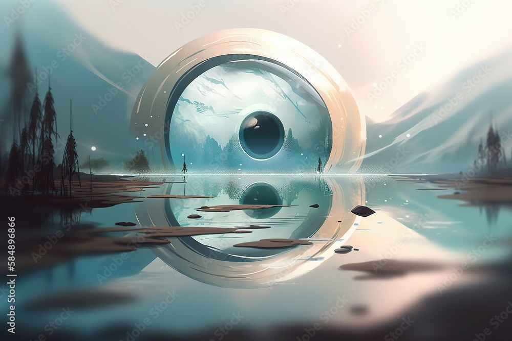 Aufkleber A Painting Of A Round Object Floating In A Lake With Mountains In The Background Oasis Digital Art Vision Generative AI 