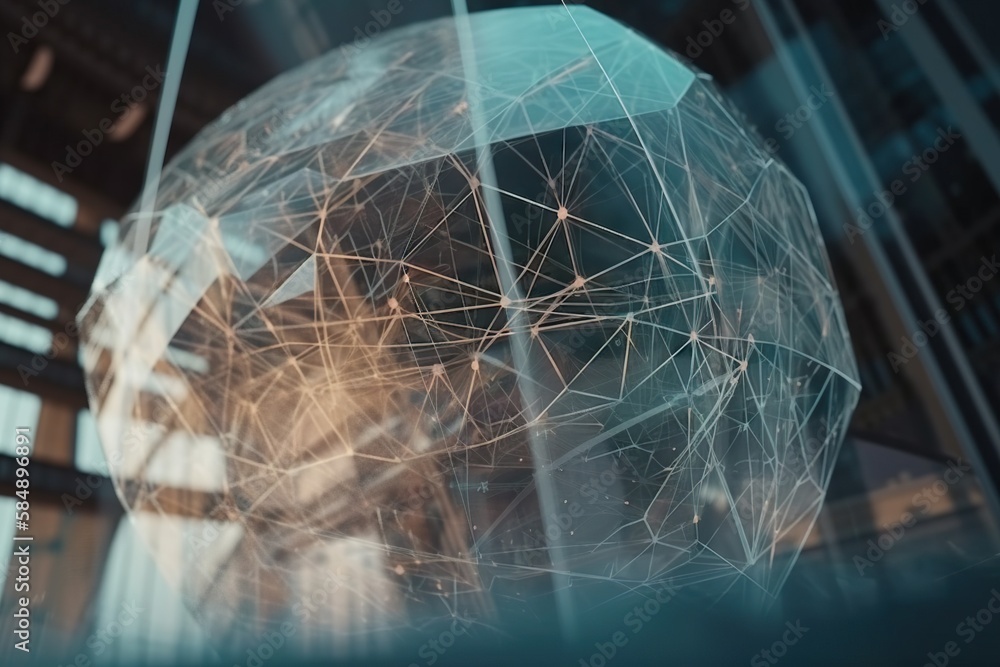 Poster a person is looking at a large object in a room with many windows factory animation motion graphics