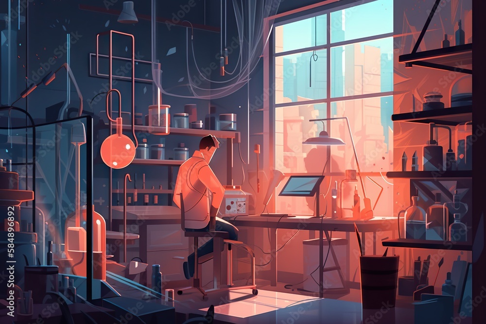 Poster a man working in a lab with a laptop computer and a lot of glassware factory animation workplace gen