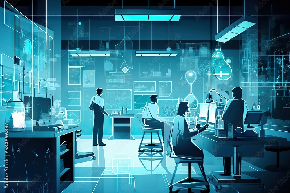 Poster a group of people working in a lab with a blue background workshop animation manufacturing planning 