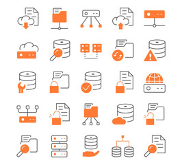 Database and data technology line icons set. Personal data protection and corporate server concept. Electronic storage and archive. Cartoon flat vector illustrations isolated on white background