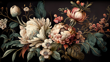 Obraz na płótnie Canvas Beautiful fantasy vintage wallpaper different botanical flower bunch, retro motif for floral print digital background