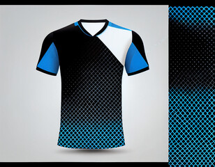 Mock up black jersey with blue, white and black halftone pattern and chest shape, isolated for object and retouch design on white background. Generative AI.