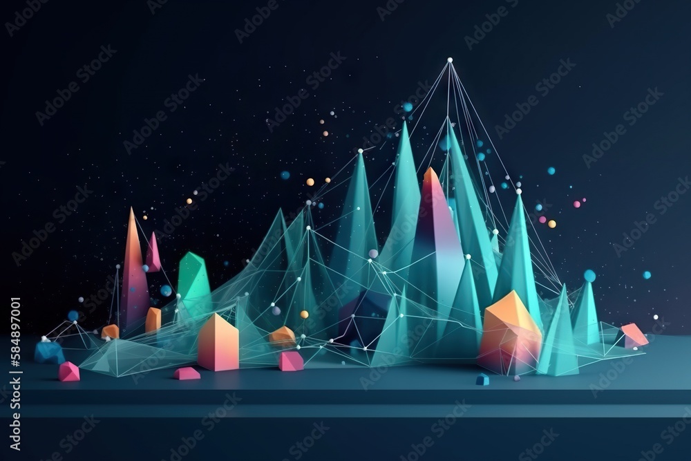 Poster a futuristic landscape with a mountain and a line of trees with colorful shapes modern city skyline 