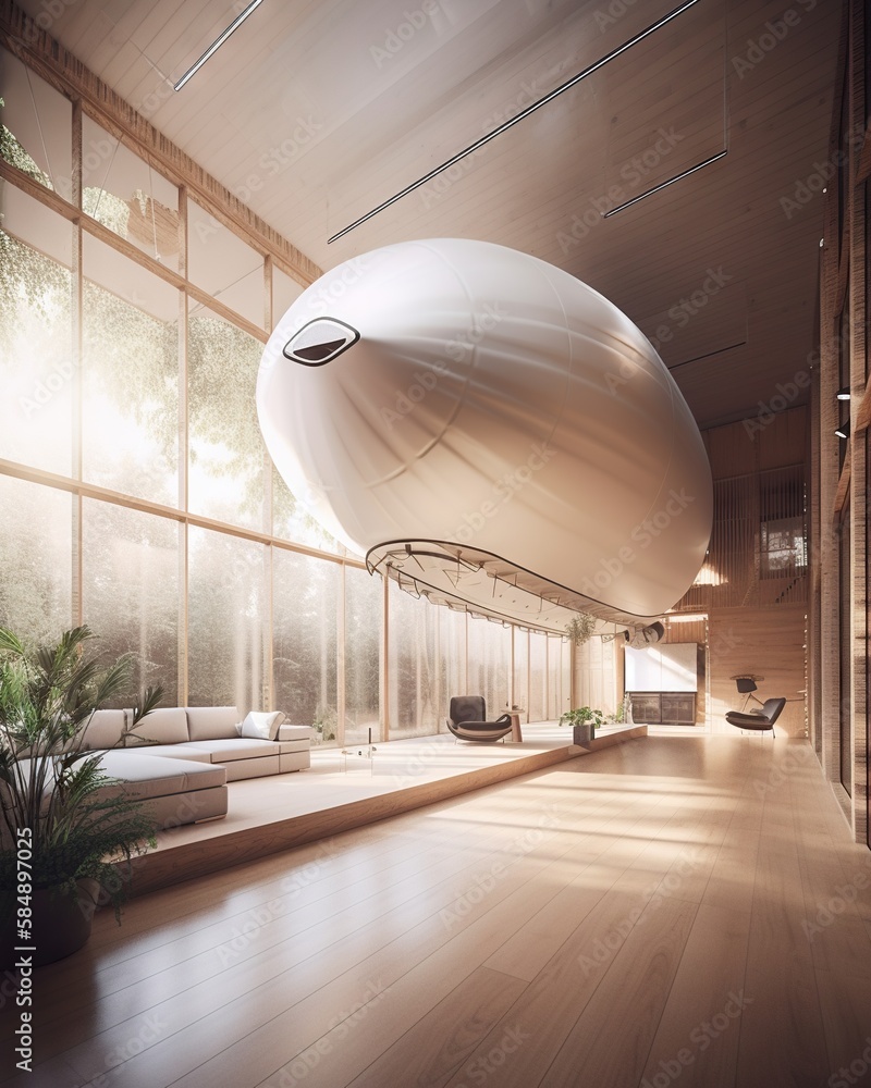 Poster a large room with a large white object in the middle of it grain silo environmental art smart homes 