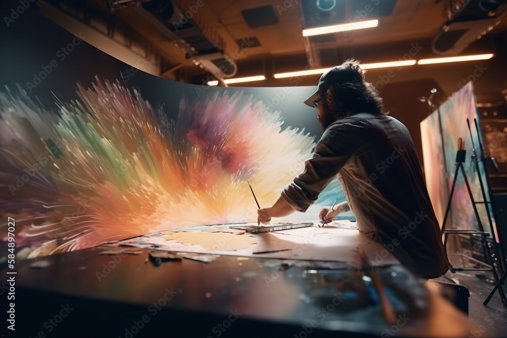 Poster a man is painting a picture on a large canvas with a brush graffiti wall color field painting motion