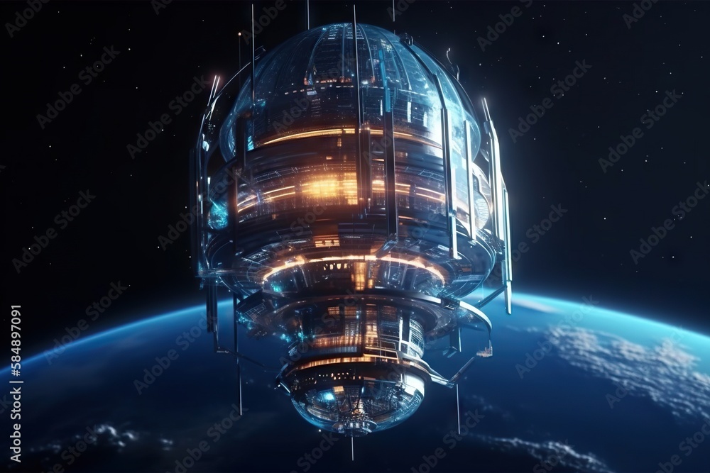Poster a futuristic space station in the middle of the earth with lights on factory animation motion graphi