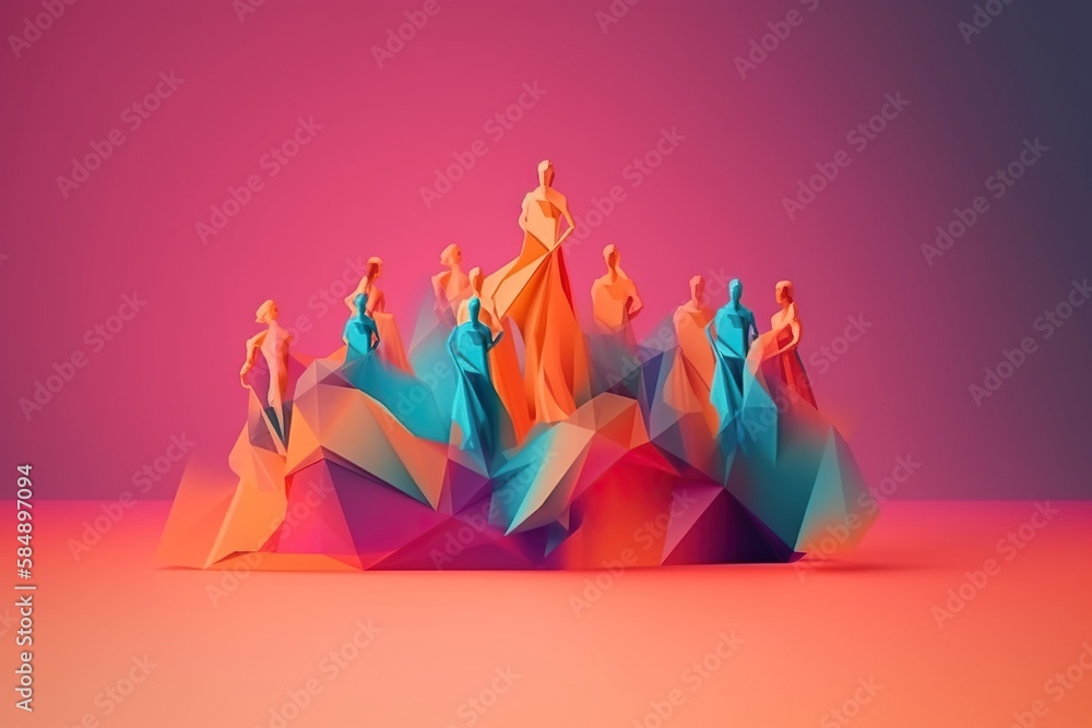 Poster a group of people standing on top of a colorful mountain of paper volcano animation motion graphics 