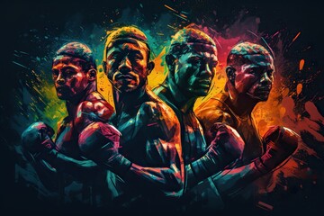 A Group Of Men Standing Next To Each Other In Front Of A Colorful Background Boxing Gym Sports Photography Poster Design Generative AI 