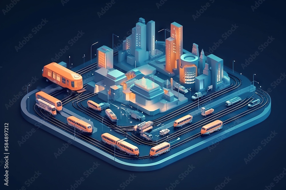 Poster a city with a bus and a train on a road with a bus stop bus station animation motion graphics genera