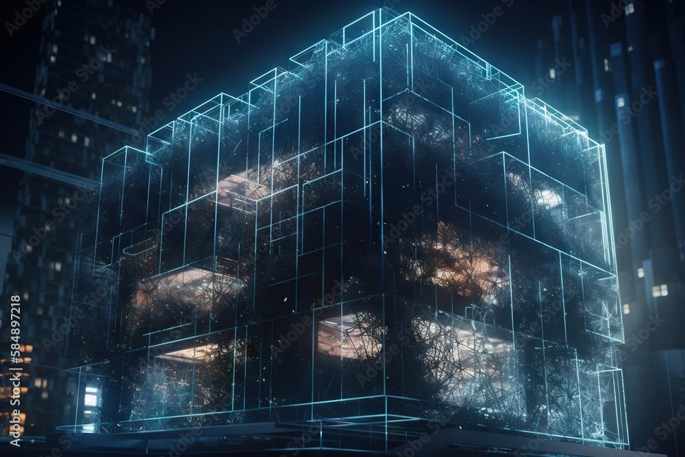 Poster a futuristic building with a lot of glass cubes on top office building video art motion graphics gen