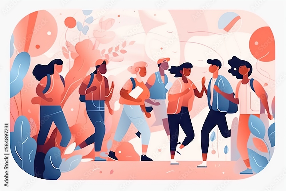 Poster a group of people walking together in a line with a pink background orchard animation motion graphic