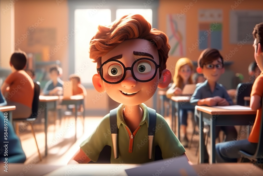 Poster a cartoon boy with glasses sitting in a classroom with other children classroom animation animation 