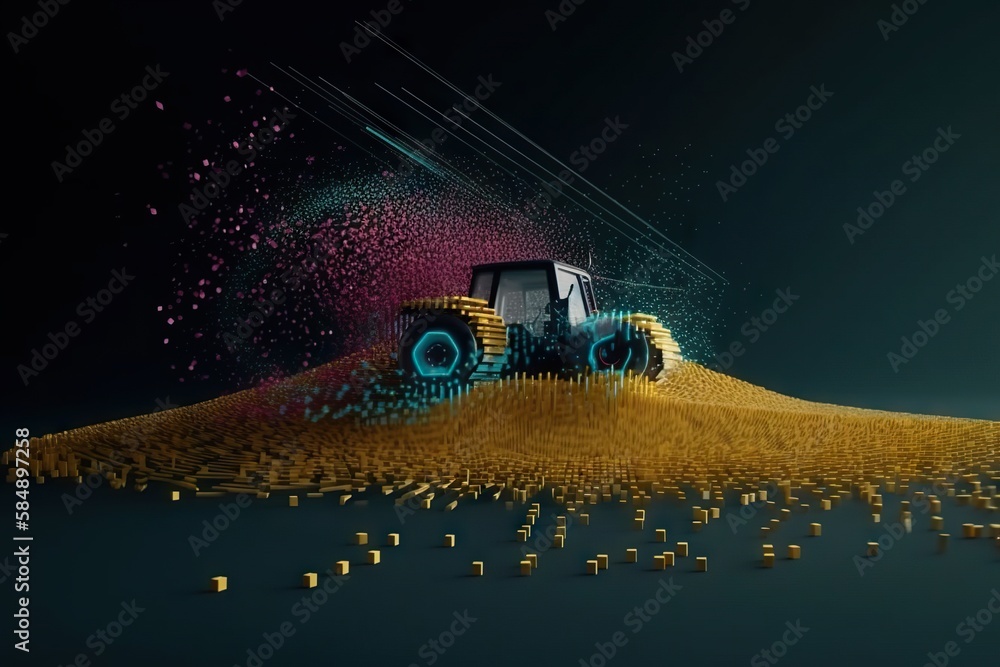 Poster a tractor is driving through a field of yellow grass with a blue sky in the background deep sea tren