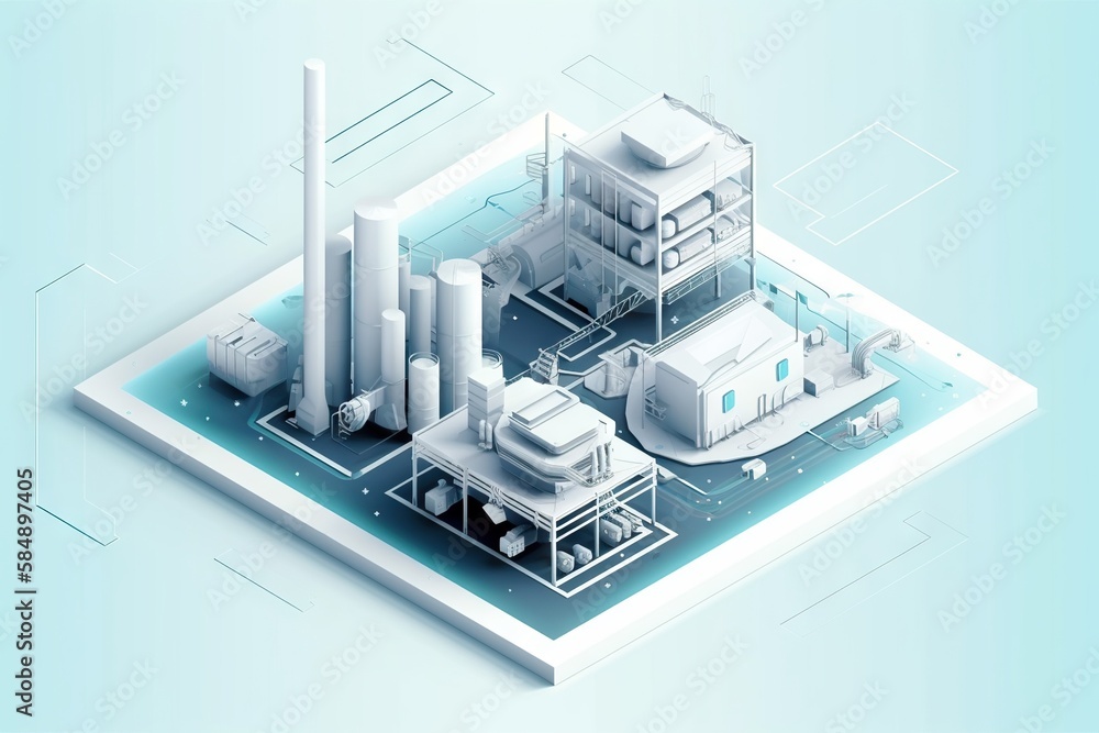 Poster a tablet with a factory and a factory on it's screen factory animation manufacturing planning and co