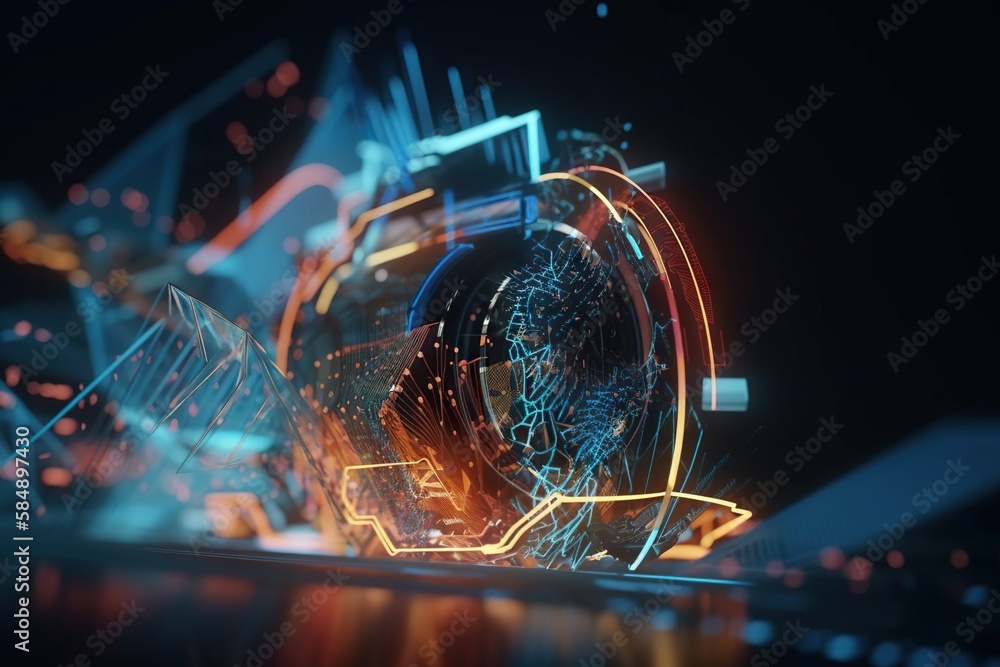 Poster a futuristic computer screen with a glowing image of a wheel on it factory animation motion graphics