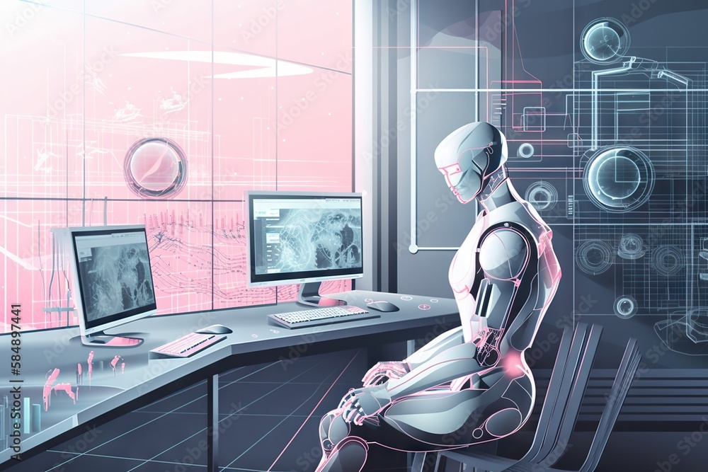 Aufkleber a humanoid sitting in front of a computer monitor and a keyboard workshop digital art robotics engin