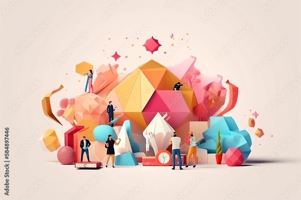 Poster a group of people standing around a colorful object with stars and shapes workshop graphic design mo