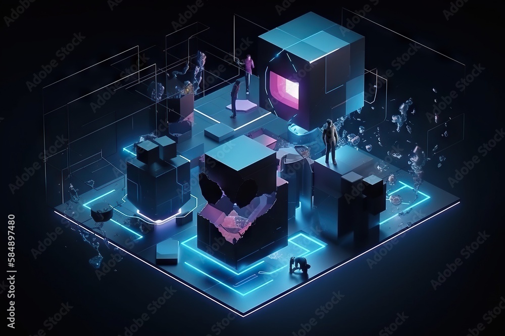 Poster a group of people standing around a cube in the dark with neon lights factory video art motion graph