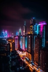 Vibrant illuminated neon city skyline at night. Generative AI