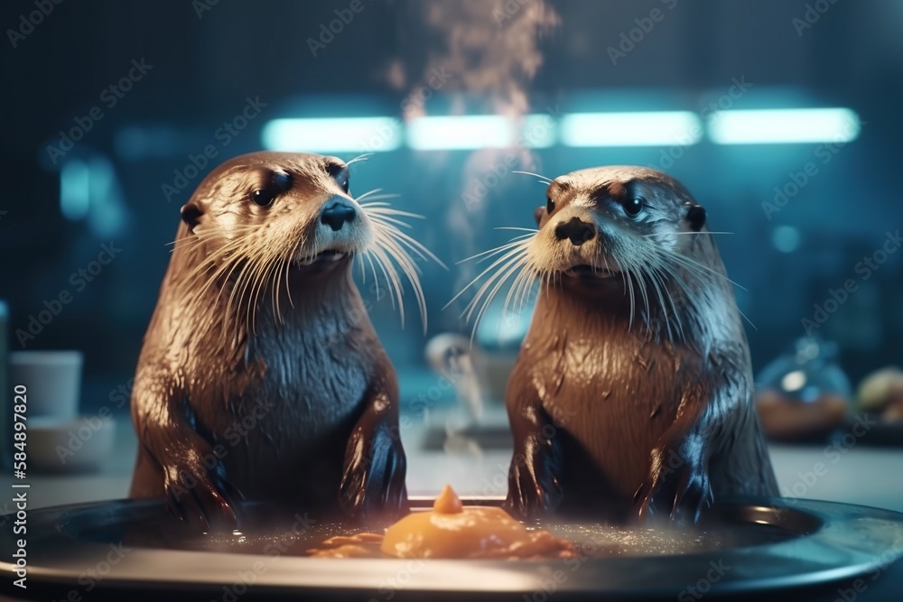 Poster two otters sitting on a plate with food in front of them aquarium animation animation filmmaking gen