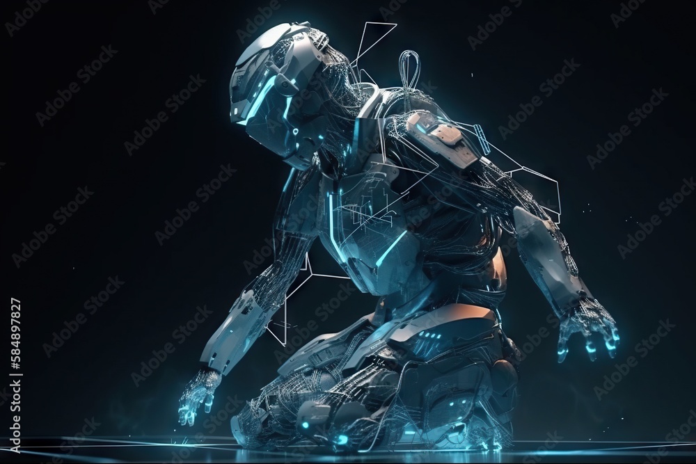 Poster a futuristic robot with a futuristic body and arms with a futuristic background factory animation ar