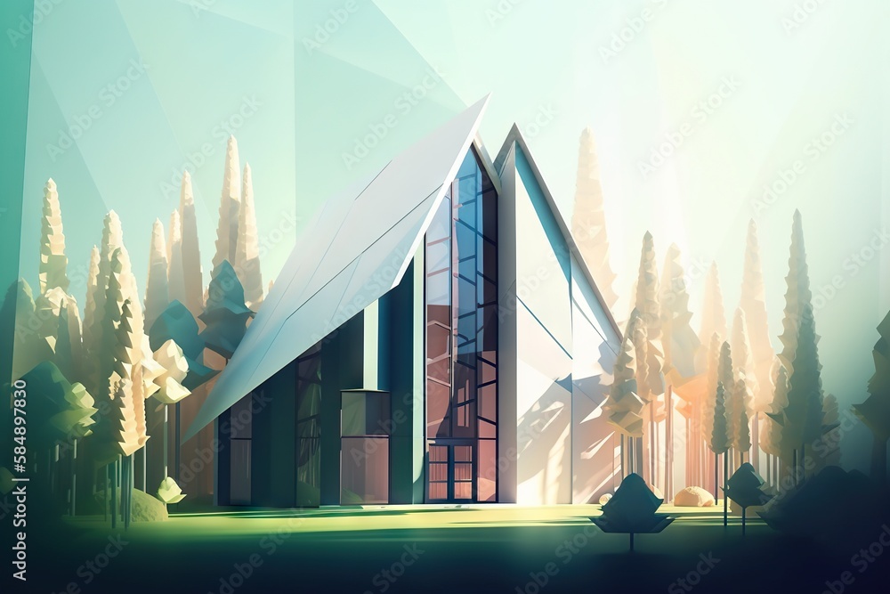 Aufkleber a building with a large triangular roof surrounded by trees and bushes church photorealism architect