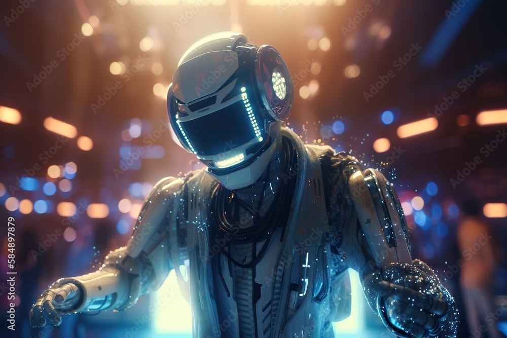 Poster A Robot With A Glowing Helmet And Gloves In A Futuristic Setting Arcade Animation Artificial Intelligence Generative AI 