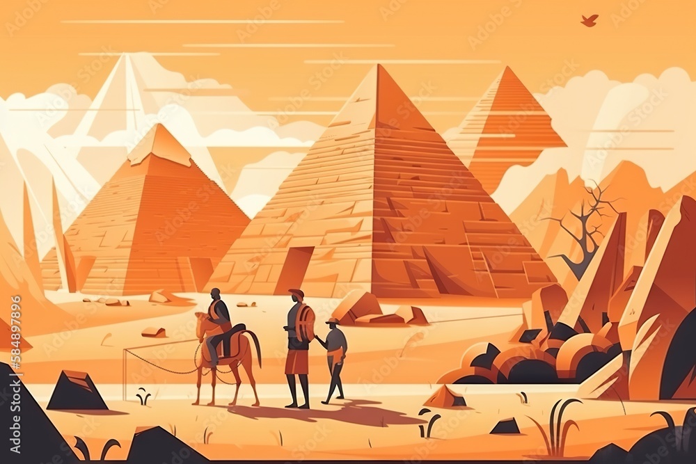 Poster a couple of people riding on the backs of horses in front of pyramids desert animation motion graphi