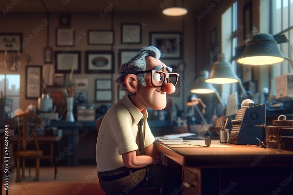 Poster a man sitting at a desk with a computer in front of him law office animation animation filmmaking ge