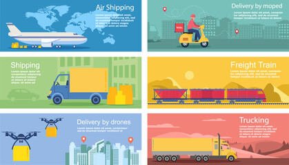 Logistic banner set. Collection of scenes with transport of boxes. Airplane, drone, scooter, train and truck. Deliviry and shipping. Cartoon flat vector illustrations isolated on white background