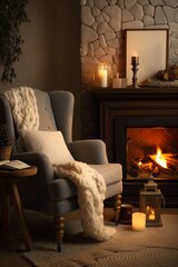 Comfortable armchair with warm lighting, crackling fireplace and blanket nearby. Winter indoor scene. Generative AI