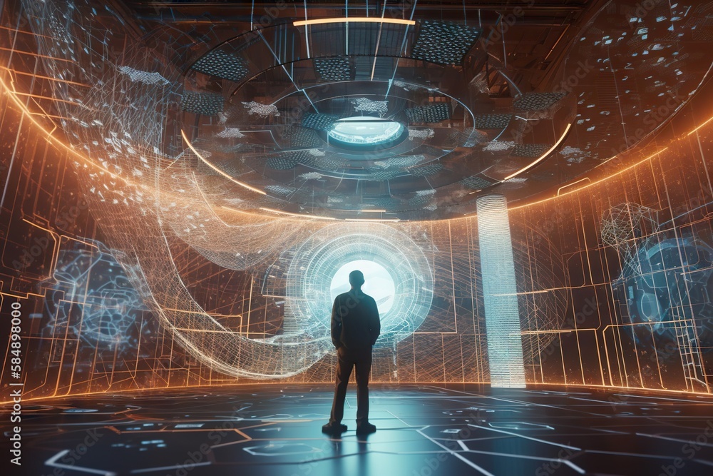 Poster a man standing in a room with a lot of lights on it conference room animation motion graphics genera