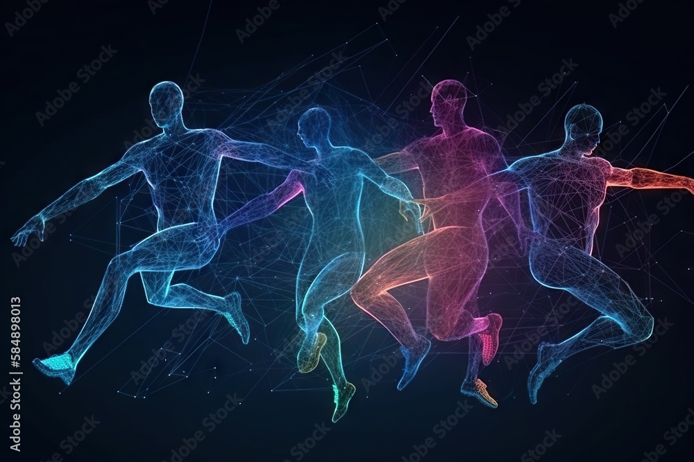 Poster three running men in motion with lines and dots on a dark background fitness center animation motion