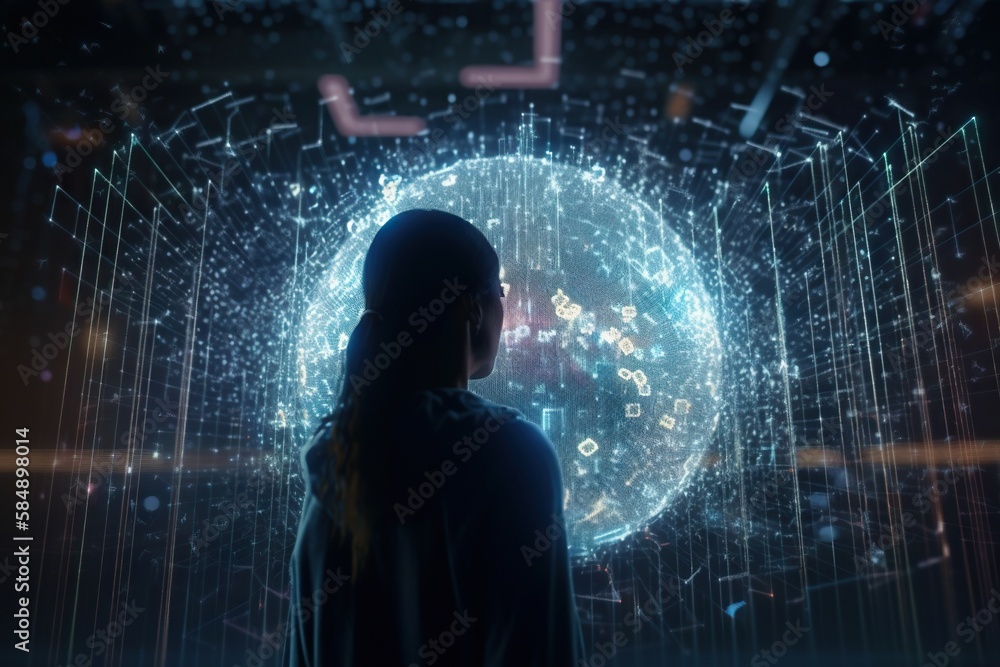 Poster a woman standing in front of a large screen with a light pattern workshop panoramic photography supp