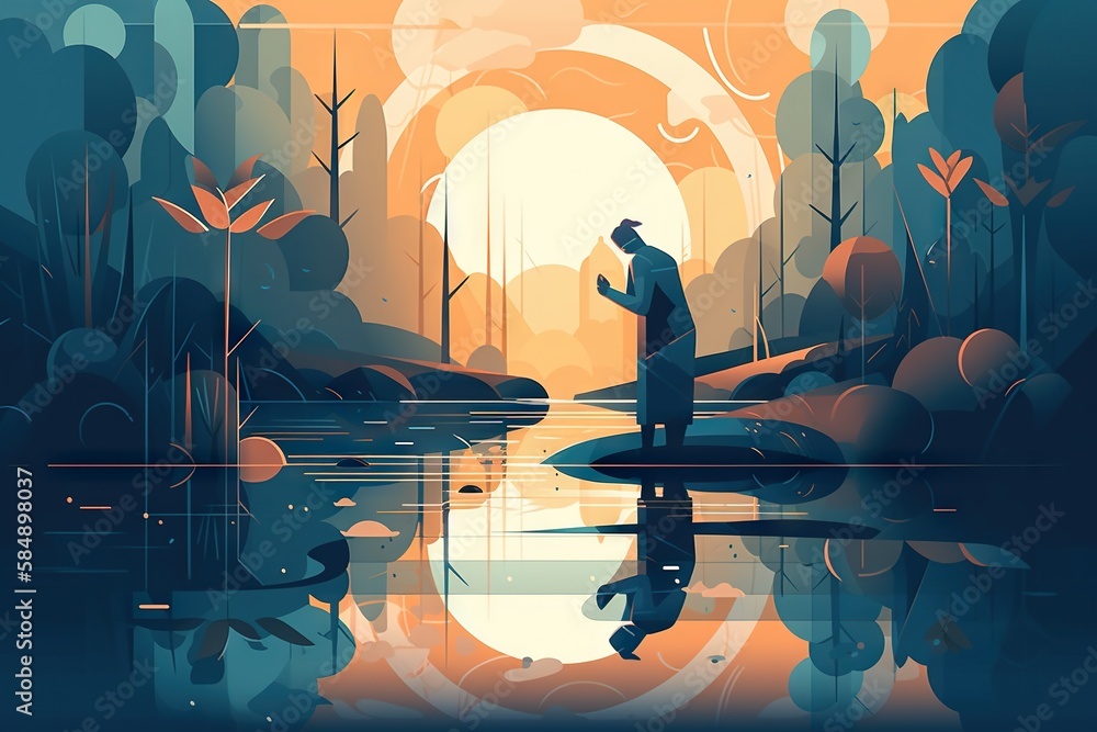 Poster a man standing on a boat in a river at sunset with a fish mangrove swamp animation motion graphics g