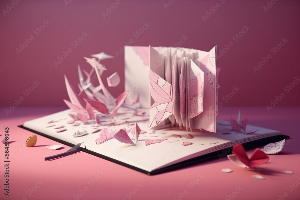 Poster a folded book with pink paper cut out of it and a pair of scissors library origami book design gener