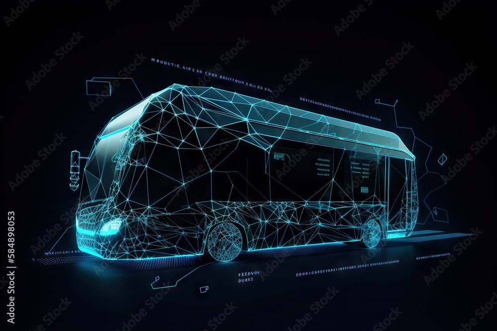 Poster a futuristic bus is shown in the dark with a blue background bus station video art supply chain opti