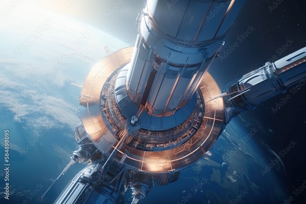 Poster a space station in the middle of the earth with a bright light shining on it tundra animation motion