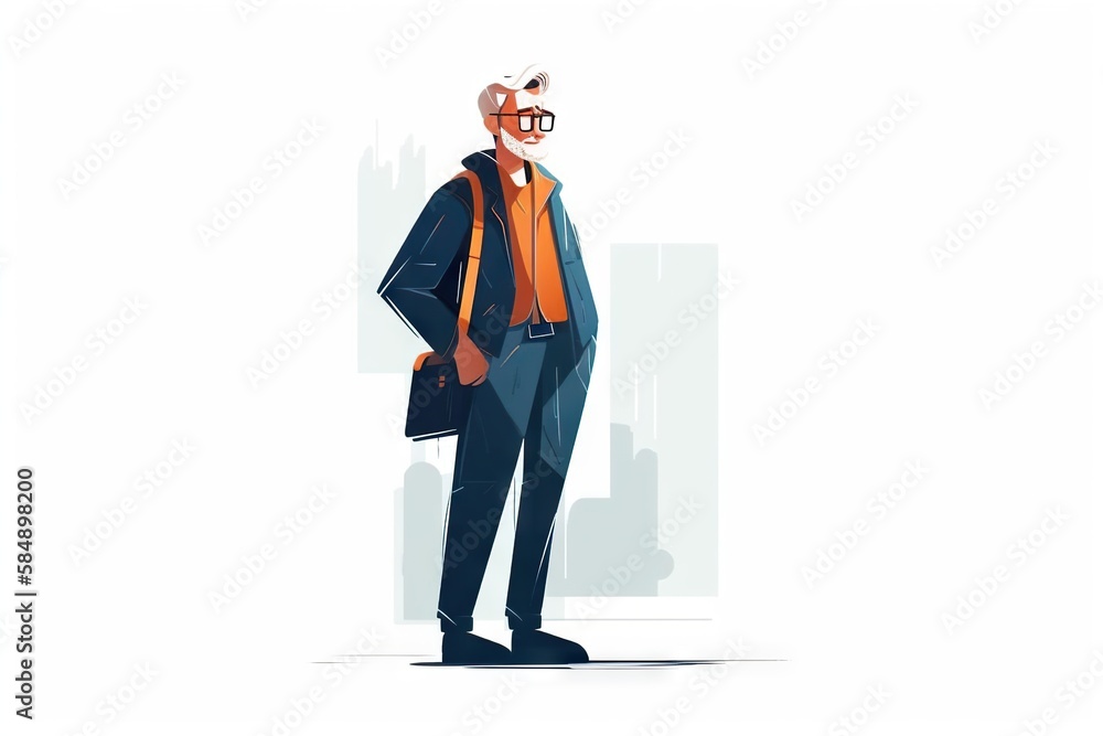 Poster a man in a suit and tie standing in front of a city supermarket animation motion graphics generative