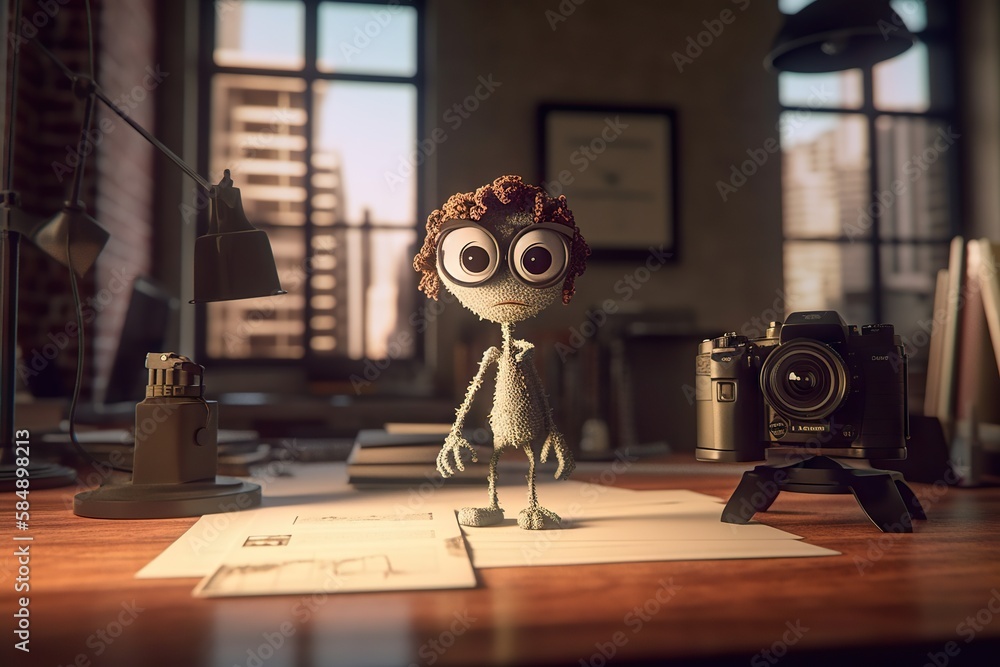 Aufkleber a little doll is standing on a desk with a camera and a book law office animation animation filmmaki
