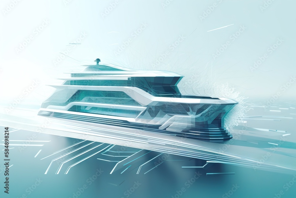 Poster a large boat floating on top of a body of water next to a dock iceberg photorealism motion graphics 