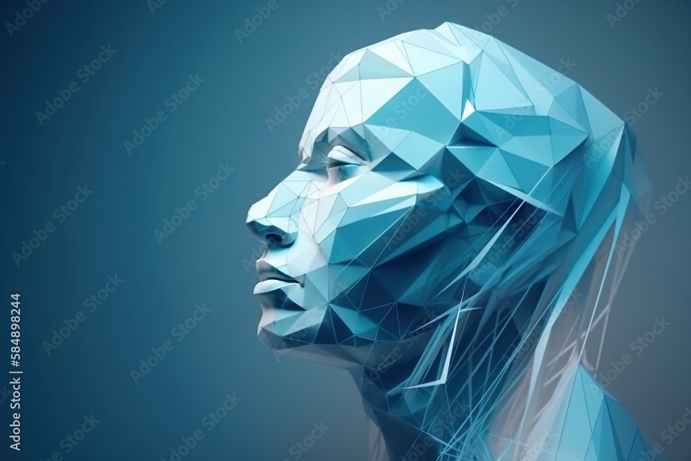 Poster a woman's face is made up of triangles and lines iceberg video art natural language processing gener