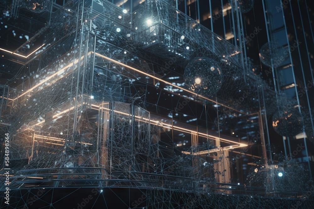 Poster a futuristic building with a lot of lights and lines on it warehouse animation motion graphics gener