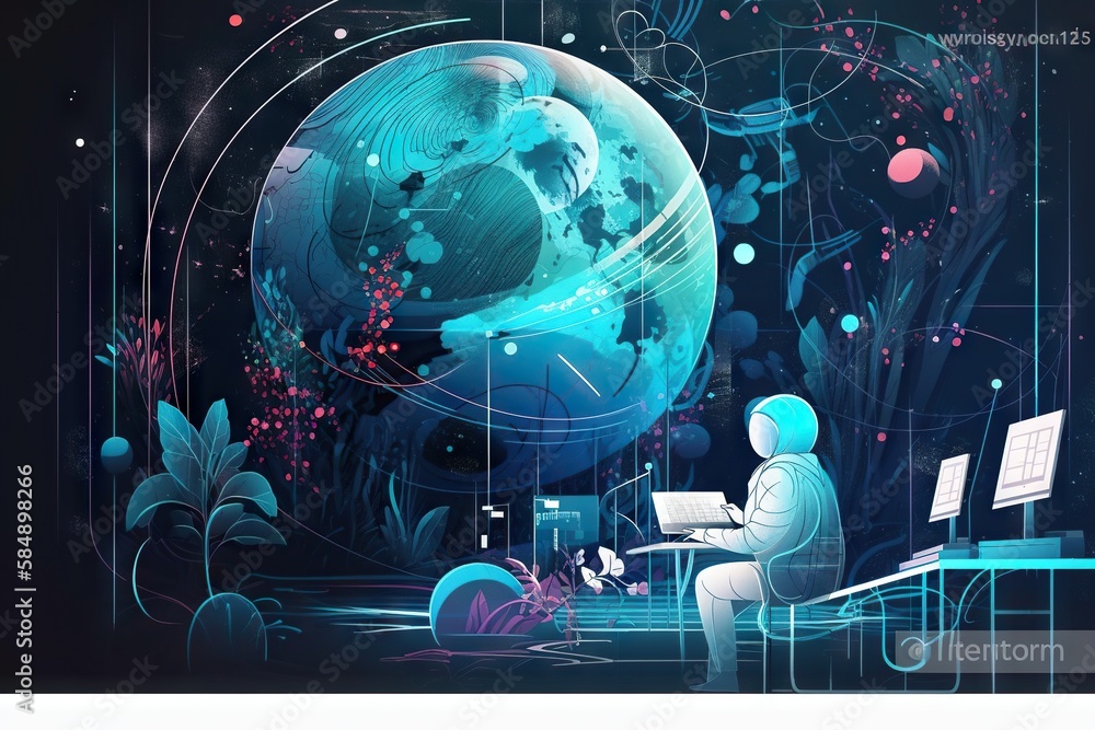 Poster a man sitting at a desk in front of a computer monitor deep sea trench graphic design science writin