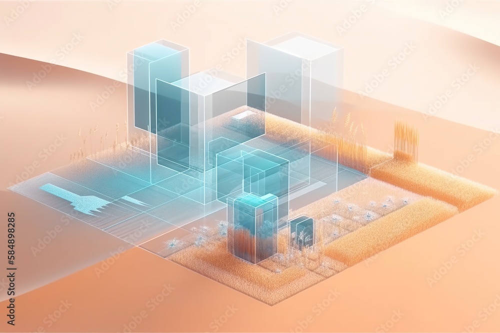 Poster a futuristic city with a blue and white design on it's surface desert animation motion graphics gene