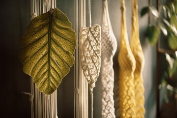 Yellow, white, green, and natural macrame leaves wall hanging on wooden pole. Decorate with cotton rope macrame. Nearby. Generative AI - obrazy, fototapety, plakaty